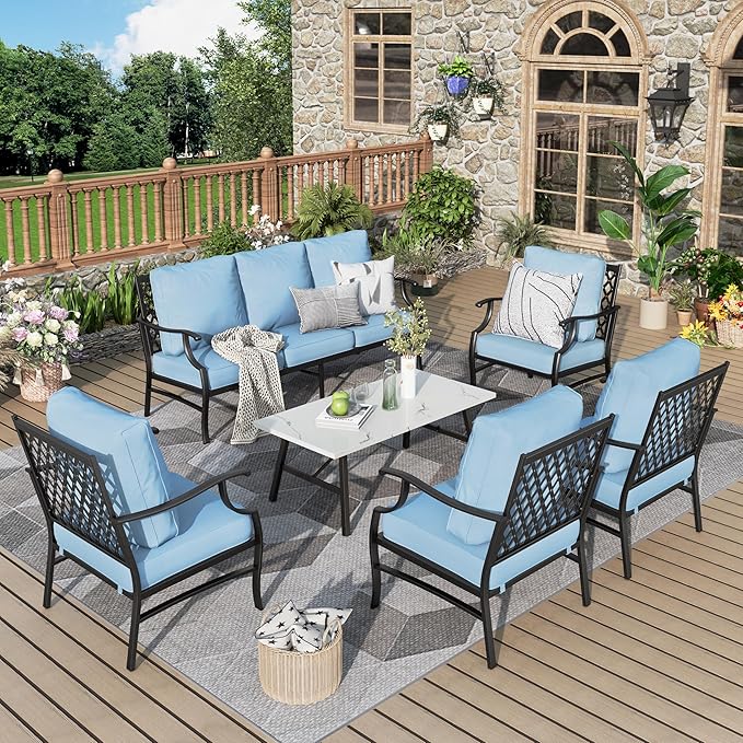 Patio Furniture Set 6 pcs, Outdoor Patio Furniture, 1 X 3-Seat Sofa, 4 X Single Chairs, 1 X Coffee Table and 5.75" Extra Thick Cushion, Patio Conversation Set,Blue