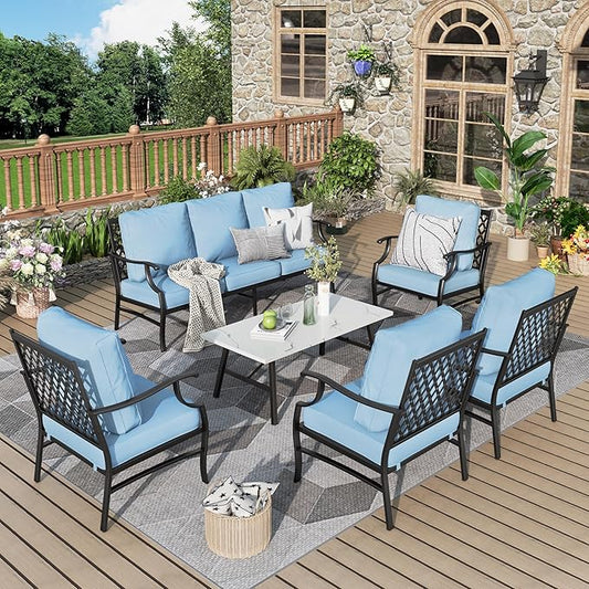 Patio Furniture Set 6 pcs, Outdoor Patio Furniture, 1 X 3-Seat Sofa, 4 X Single Chairs, 1 X Coffee Table and 5.75" Extra Thick Cushion, Patio Conversation Set,Blue