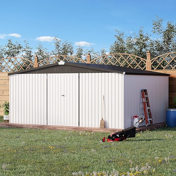 U-MAX Storage Shed 14x12 Outdoor Shed, Large Metal Outside Storage Garden Sheds & Outdoor Storage Shed Clearance, 12x14 Tool Shed Outdoor Storage Lockable for Backyard, Patio and Outside Use in White