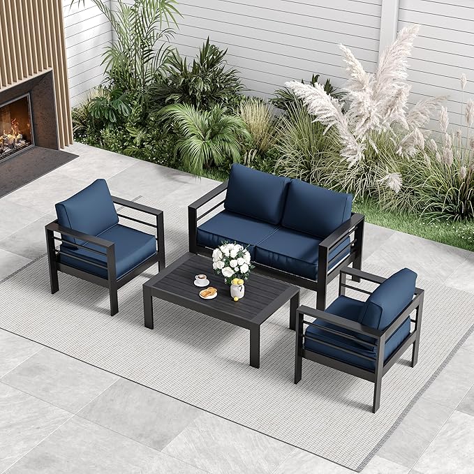 Aluminum Patio Furniture,Outdoor Metal Sectional Sofa with Table and Waterproof Covers,Grey and Blue Modern Patio Furniture Set for Garden Backyard (5-Piece)