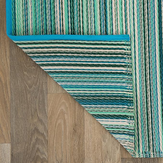 Rugshop Contemporary Stripe Reversible Crease-Free Waterproof Premium Recycled Plastic Outdoor Rugs for Patio,Backyard,RV,Deck,Picnic,Trailer,Beach,Camping Blue 3' x 5'