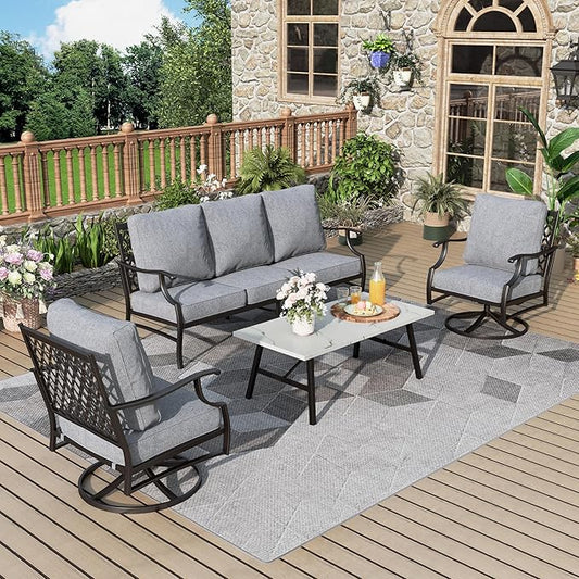 Patio Furniture Set 4 pcs, Outdoor Patio Furniture, 3-Seat Sofa, 2 Swivel Chairs, Coffee Table and 5.75" Extra Thick Cushion, Patio Conversation Set for Backyard Deck,Grey
