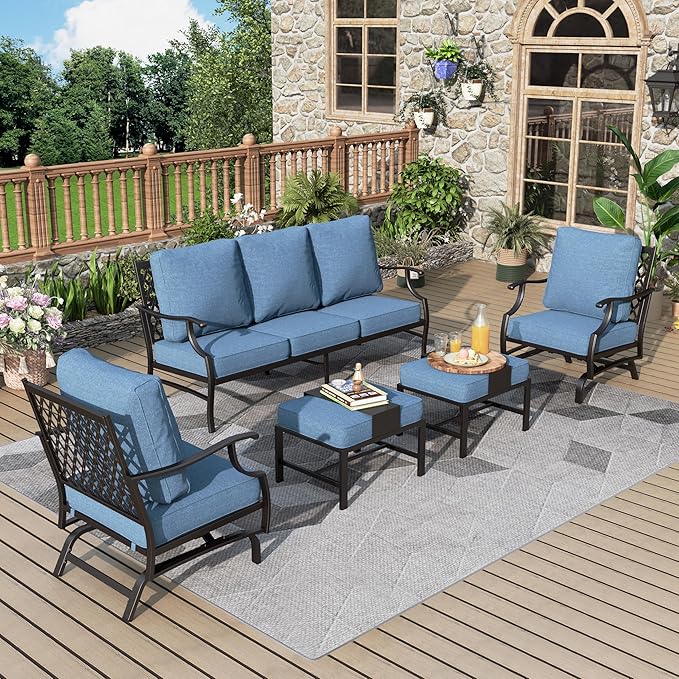 Patio Furniture Set 5 pcs, Outdoor Patio Furniture Set, 3-Seat Sofa, 2 Rocking Chairs, 2 Ottomans and 5.75" Extra Thick Cushions, Conversation Set for Backyard Deck,Navy Blue