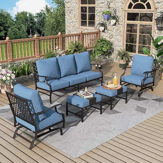 Patio Furniture Set 5 pcs, Outdoor Patio Furniture Set, 3-Seat Sofa, 2 Rocking Chairs, 2 Ottomans and 5.75" Extra Thick Cushions, Conversation Set for Backyard Deck,Navy Blue
