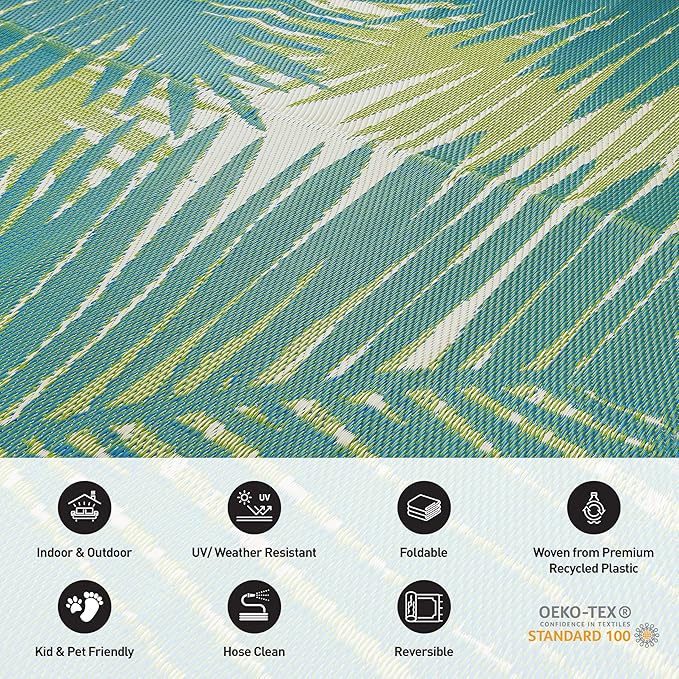 Rugshop Tropical Floral Reversible Foldable Waterproof Premium Recycled Plastic Outdoor Rugs for Patio,Backyard,RV,Deck,Picnic,Trailer,Beach,Camping Rug 9' X 18' Green