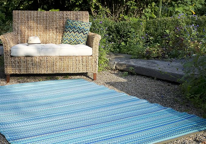Fab Habitat Striped Outdoor Rug - Waterproof, Fade Resistant, Crease-Free, Reversible - Premium Recycled Plastic - Patio Porch Balcony Deck - Cancun TurquoiseMoss Green - 8x10 ft