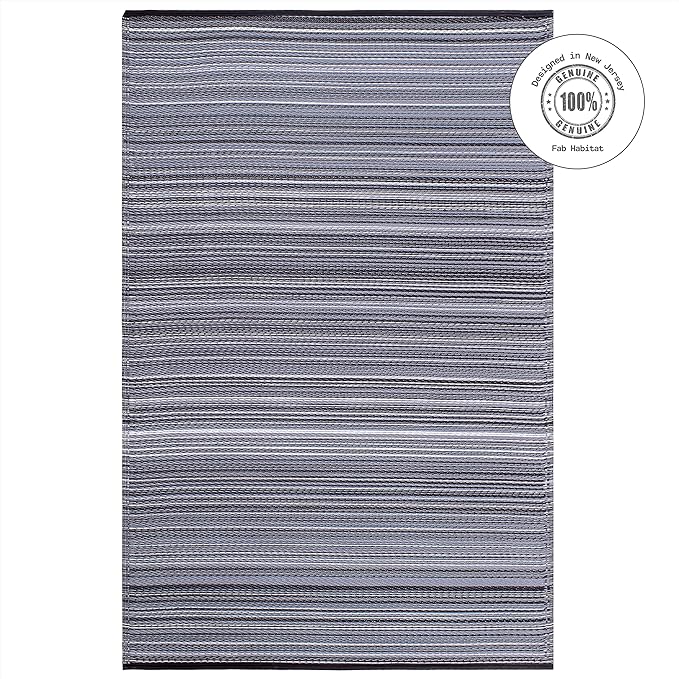 Fab Habitat Outdoor Rug - Waterproof, Fade Resistant, Crease-Free - Premium Recycled Plastic - Striped - Patio, Porch, Deck, Balcony - Cancun - Midnight - 5 x 8 ft