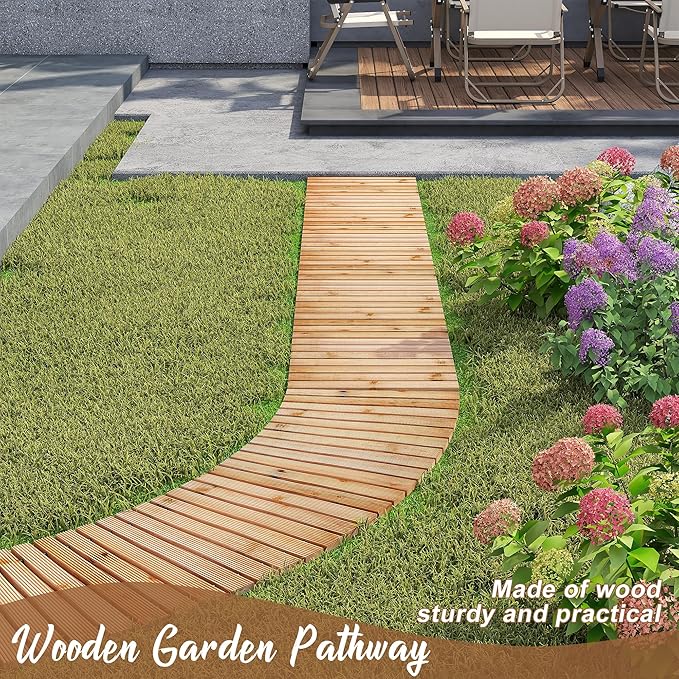 FILWH Wooden Garden Pathway Outdoor Roll-Out Walkway Weather-Resistant Fir Wood Curved or Straight Boardwalk Decorative Garden for Backyard,Beach,Wedding Party Pathways (Natural, 6FT Curved)