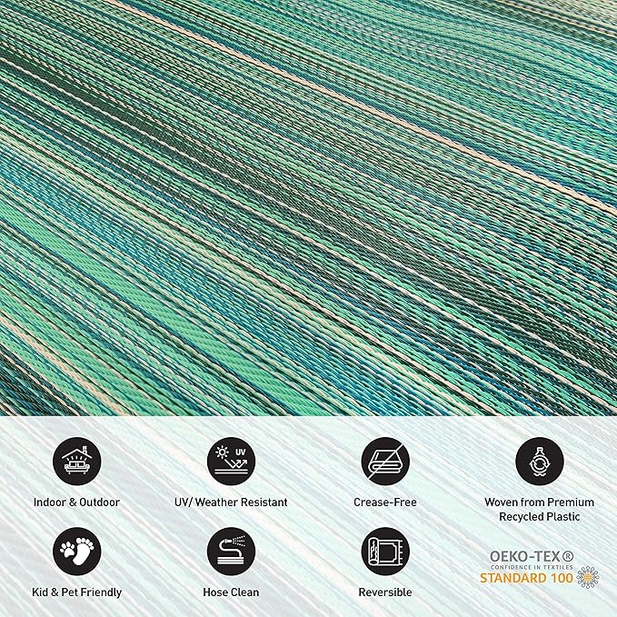 Rugshop Contemporary Stripe Reversible Crease-Free Waterproof Premium Recycled Plastic Outdoor Rugs for Patio,Backyard,RV,Deck,Picnic,Trailer,Beach,Camping Blue 7'10" x 10'