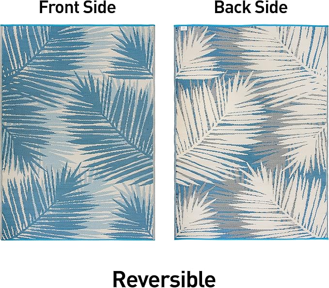 Rugshop Tropical Floral Reversible Crease-Free Waterproof Premium Recycled Plastic Outdoor Rugs for Patio,Backyard,RV,Deck,Picnic,Trailer,Beach,Camping Blue 3' x 5'