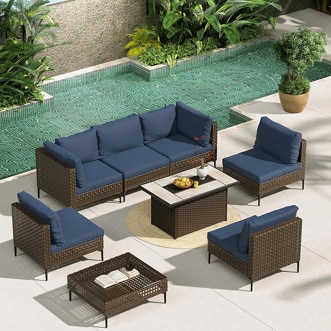 Grand patio 8-Piece Patio Furniture Set with 47" Fire Pit Table, Outdoor Conversation Set & 50,000 BTU 47 Inch Rectangle Propane Fire Pit with Water Resistant Blue Thick Cushions, Brown