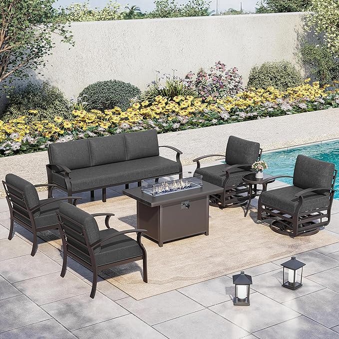 Kurapika Aluminum Patio Furniture Set 7-Seat Modern Metal Outdoor Conversation Sets w/45in Propane Fire Pit Table, Swivel Rocking Chairs Patio Sectional Sofa w/5.1 Inch Cushion, Black