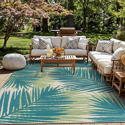 Rugshop Tropical Floral Reversible Crease-Free Waterproof Premium Recycled Plastic Outdoor Rugs for Patio,Backyard,RV,Deck,Picnic,Trailer,Beach,Camping Green 7'10" x 10'