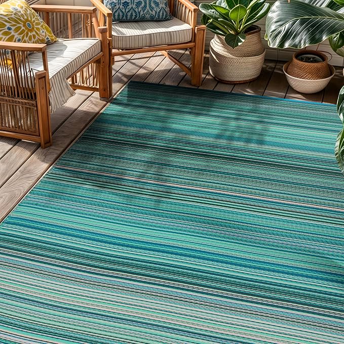 Rugshop Contemporary Stripe Reversible Crease-Free Waterproof Premium Recycled Plastic Outdoor Rugs for Patio,Backyard,RV,Deck,Picnic,Trailer,Beach,Camping Blue 5' x 7'