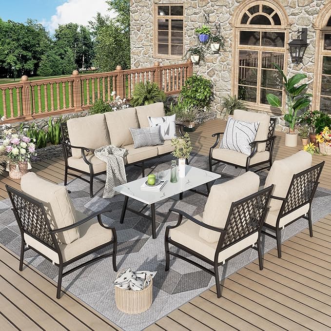 Patio Furniture Set 6 pcs, Outdoor Patio Furniture, 3-Seat Sofa, 4 X Single Chairs, 1 X Coffee Table and 5.75" Extra Thick Cushion, Patio Conversation Set,Beige