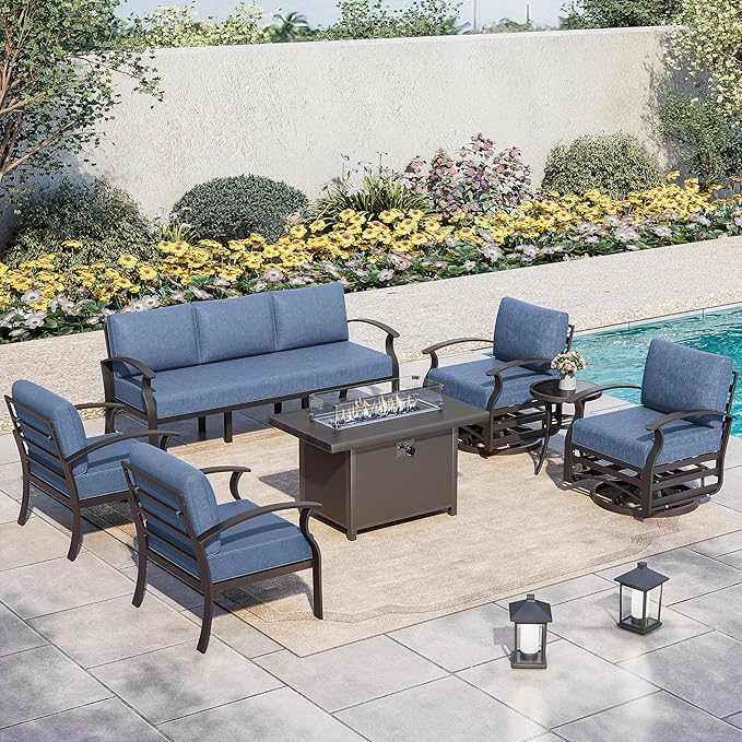 Kurapika Aluminum Patio Furniture Set 7-Seat Modern Metal Outdoor Conversation Sets w/45in Propane Fire Pit Table, Swivel Rocking Chairs Patio Sectional Sofa w/5.1 Inch Cushion, Navy Blue