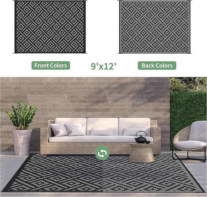 GENIMO Outdoor Rug for Patio Clearance,9'x12' Waterproof Large Mat,Reversible Plastic Camping Rugs,Rv,Porch,Deck,Camper,Balcony,Backyard,Black & Gray