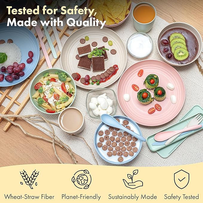 FOODLE Wheat Straw Dinnerware Set - BPA Free & Safety Tested - Dishwasher & Microwave Safe - Toddler & Kids Plates and Bowls Sets - Plastic Plates Reusable - Perfect for RV, Camping Dishes - For 4