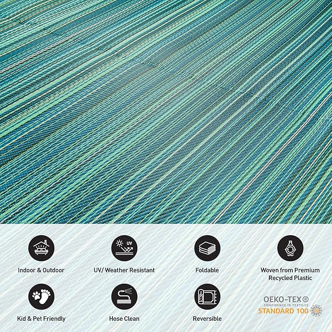 Rugshop Contemporary Stripe Reversible Foldable Waterproof Premium Recycled Plastic Outdoor Rugs for Patio,Backyard,RV,Deck,Picnic,Trailer,Beach,Camping 9' X 18' Blue