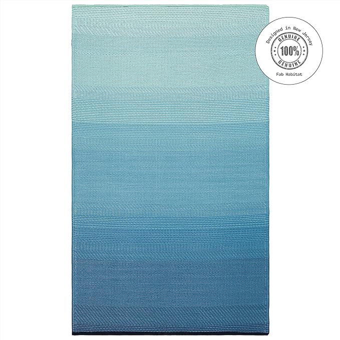 Fab Habitat Ombre Outdoor Rug - Waterproof, Fade Resistant, Crease-Free, Reversible - Premium Recycled Plastic - Patio Porch Balcony Deck - Big Sur Teal - 8x10 ft