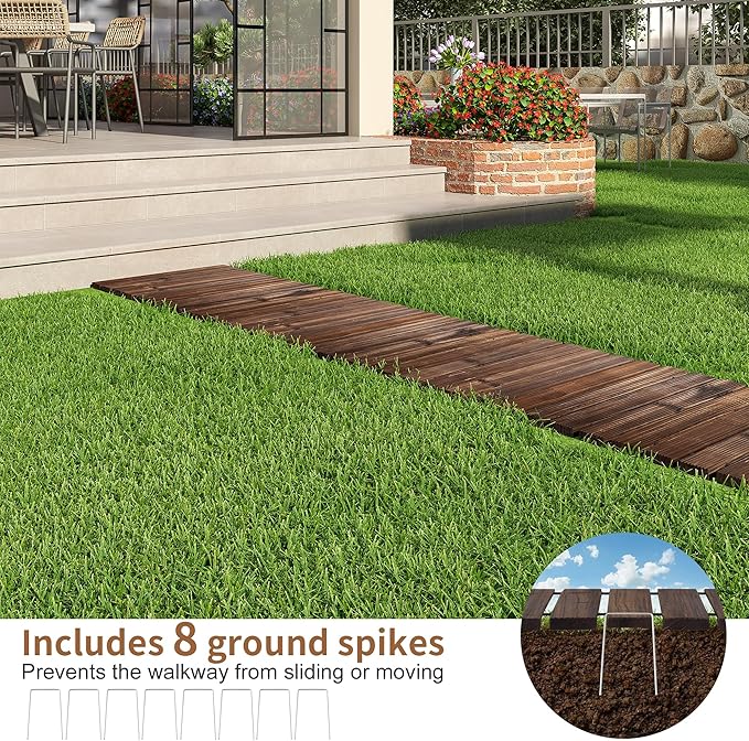 FILWH Wooden Garden Pathway Outdoor Roll-Out Walkway Weather-Resistant Fir Wood Curved or Straight Boardwalk Decorative Garden for Backyard,Beach,Wedding Party Pathways (Carbonized, 8FT Straight)