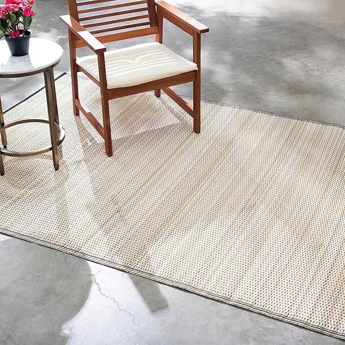 Fab Habitat Outdoor Rug - Waterproof, Fade Resistant, Crease-Free - Premium Recycled Plastic - Neutral Striped - Large Patio, Deck, Sunroom, Camping, RV - Cancun Shadow - Sand & Black - 6 x 9 ft