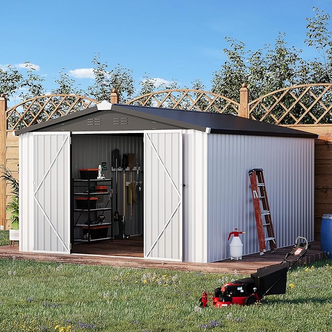 AECOJOY 10' x 14' Outdoor Storage Shed, 14x10 Large Metal Sheds & Outdoor Storage Clearance with Lockable Doors, Utility and Tool Storage Garden Shed for Backyard, Patio and Outside use