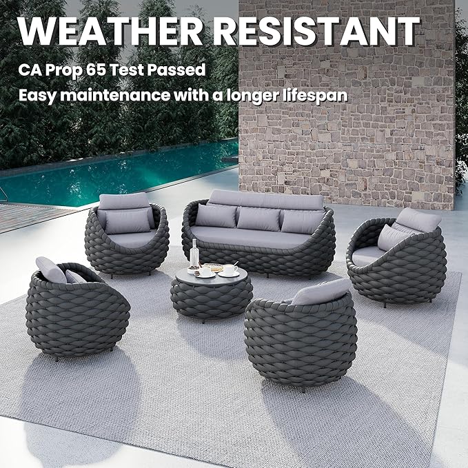 4 Pcs Woven Rope Outdoor Chair: Aluminum Patio Accent Chair with Arms - Assembled Cushioned Lounge Chair For 400lbs - Morden Porch Furniture Seating for Deck Balcony Garden Backyard Hotel Resort