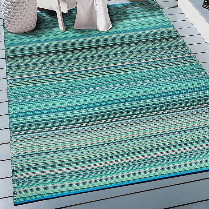 Rugshop Contemporary Stripe Reversible Crease-Free Waterproof Premium Recycled Plastic Outdoor Rugs for Patio,Backyard,RV,Deck,Picnic,Trailer,Beach,Camping Blue 3' x 5'