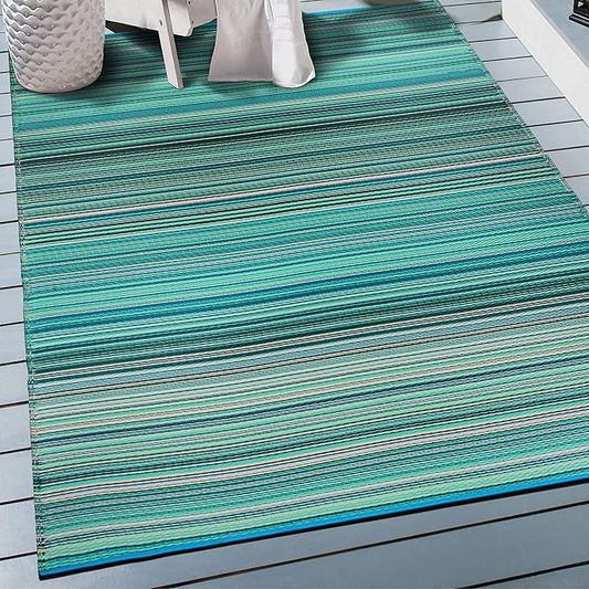 Rugshop Contemporary Stripe Reversible Crease-Free Waterproof Premium Recycled Plastic Outdoor Rugs for Patio,Backyard,RV,Deck,Picnic,Trailer,Beach,Camping Blue 3' x 5'