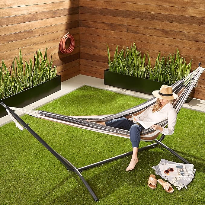 Amazon Basics Double 2 Person Heavy Duty Hammock with Space Saving Steel Stand and Carrying Case, 470lb Capacity, Multi Color, 118 x 46 x 39 inches